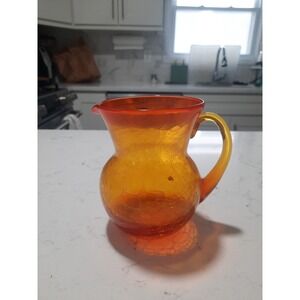 Vintage BLENKO Crackle Hand Blown Art Glass Tangerine/ Amberina Pitcher w Handle